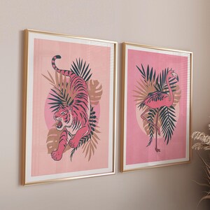 Pósteres estéticos Arte de pared tropical Estampado de flamenco rosa, Juego de pósteres rosas, Arte de pared de tigre rosa, Arte de pared de hoja de palma con estampado animal, Arte de flamenco