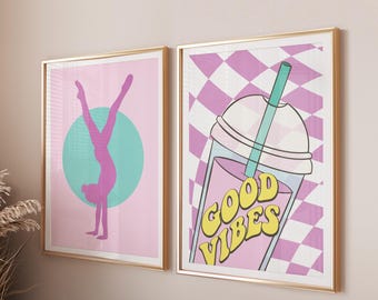 Purple Printable Art Teen Girl Bedroom Prints, Gymnastics Wall Art and Good Vibes Print Set of 2, Sports Wall Art Preppy Room Decor