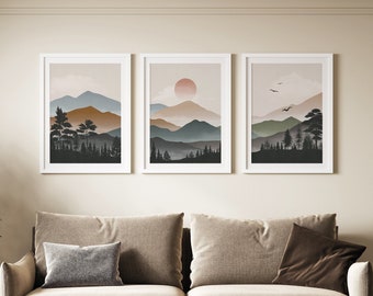 Digitaler Download Wandkunst Wohnzimmer Moderne Landschaft Druck 3er-Set, Berg Wand Kunst Digitaler Download, Abstrakte Bergdrucke Kunst