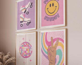 Aesthetic Wall Art Prints Trendy Set of 4, Dorm Wall Art Colorful Retro Prints, Funky Wall Art Trendy Posters, Pink Wall Prints Digital Art