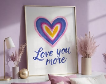 Esthétique de décoration de chambre d'art mural pour adolescente, art mural fantaisiste, impression aquarelle, je t'aime plus, art mural coeur vertical en rose et violet