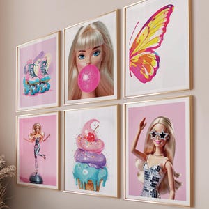 Trendy preppy wall art set of 6 prints, Pink art Fashion dolls printable teen room decor digital download, Aesthetic girly wall art download