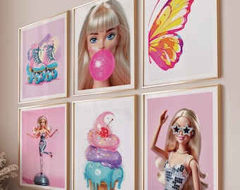 Trendy preppy wall art set of 6 prints, Pink art Fashion dolls printable teen room decor digital download, Aesthetic girly wall art download