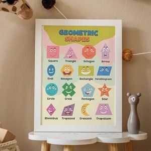 Póster digital de arte de pared educativo imprimible Montessori, decoración de pared para sala de juegos con actividades para niños, impresión de formas geométricas de dibujos animados