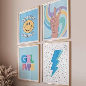 Aesthetic Wall Art Prints Trendy Set of 4, Dorm Wall Art Colorful Retro Prints, Funky Wall Art Trendy Posters, Pink Wall Prints Digital Art