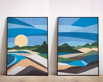 Digital Download Wall Art Abstract Landscape Art Print, Blue Wall Art Print Set Of 2, Colorful Art Print Set, 2 Piece Wall Art Printable Set