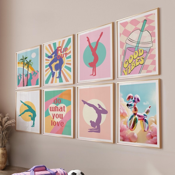 Väggkonst med gymnastik och sport, set med 8 tryck, modern sportkonst för tonårsflickor, minimalistisk konstverk med dopamin, inredning i lekrum för sport