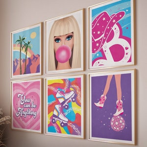Colorful fun wall art set of 6 preppy stuff purple pink girls room decor, Maximalist decor digital prints, Fashion doll trendy movie poster