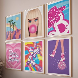 Bunte Spaß Wand Kunst Set von 6 adrette Sachen lila rosa Mädchen Raum Dekor, Maximalist Dekor Digitaldruck, Modepuppe trendy Film Poster