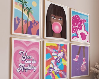 Art mural coloré, décoration de chambre pour adolescentes, affiches maximalistes roses violettes, impression murale esthétique de poupée afro-américaine, lot de 6