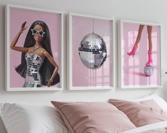 Ensemble d'affiches disco pour poupée mode afro-américaine de 3 impressions murales, décoration d'art mural d'appartement universitaire, estampes d'art mural rose pour dortoir universitaire