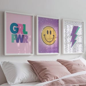 Set of 3 purple pink wall art teen girl room decor, Aesthetic shiny smiley face print, Retro poster lightning bolt, Preppy girl power print