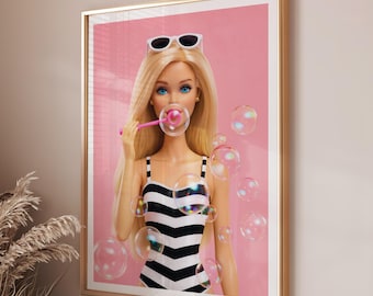 Impression d'art d'été avec une poupée de mode soufflant des bulles, affiche preppy de cow-girl de la côte, art mural girly imprimable décoration maximaliste