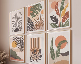 Boho Decor Living Room Wall Art Digital Download, Black Orange Green Boho Wall Art Tropical Wall Decor, Boho Art Print Gallery Wall Art Set