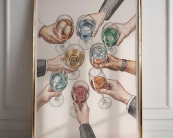 Puede incluir: Una ilustración de acuarela de ocho manos sosteniendo vasos de bebidas de diferentes colores, incluyendo rojo, naranja, amarillo, verde, azul y morado. Los vasos están todos levantados en un brindis, y las manos están todas llegando hacia el centro de la imagen.