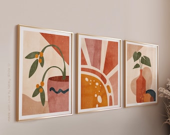 Lot de 3 tirages d'art bohèmes, impression d'art orange brûlé, impressions murales aquarelles, art mural orange ton de la terre, lot de trois impressions