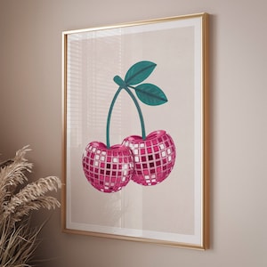 Póster de cereza para decoración del hogar, póster retro de decoración de pared de dormitorio de moda, póster de bola de discoteca de cereza de los años 70, decoración de habitación femenina