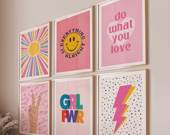 Décoration de dortoir pour collégiennes, décoration murale au-dessus du lit pour les filles, impression d'art mural adolescente rose, téléchargement numérique art mural tendance lot de 6