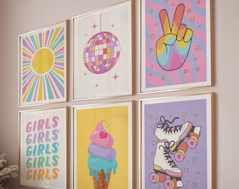 Colorful wall art poster set of 6 prints y2k room decor, Trendy wall art indie room decor, Maximalist wall art for teen girls bedroom decor