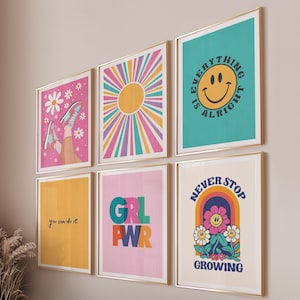 Juego de 6 carteles coloridos para imprimir, arte para dormitorio infantil, decoración de habitación de niños pequeños, juego de carteles de moda, arte colorido para pared de dormitorio de adolescente