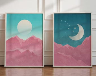 Pink wall art mountain landscape bedroom prints, Bedroom wall decor light pink and blue art, Sun moon art prints set of 2 digital download