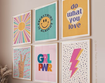 Dorm room prints wall art summer decor, Cute posters set of 6, Teen girl room decor, Trendy quote poster kids room decor, Bedroom wall decor