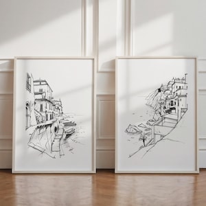 Riviera Poster Set mit 2 Seelandschaften, Bleistiftskizze, italienische Küstenkunst, Küsten abstrakte Kunst sofort druckbare Wanddekoration