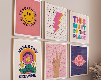 Indie Room Decor Aesthetic, Teen Room Decor Aesthetic Y2k, Dorm Room Decor For Girls, Pink Wall Art Set Of 6 Prints, Teen Girl Room Decor