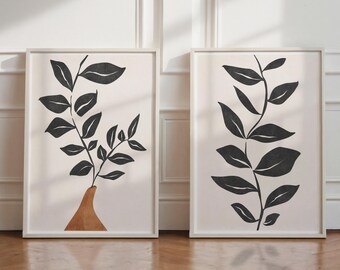 Black and White Botanical Art Prints: Set of 2 Leaf Prints (Digital Download)