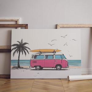 Bleistiftzeichnung rosa Bus Küstenstrand Kunst, Minimalistische Kunstdruck Wohnung Dekor, Meer Landschaft horizontal Kunstdruck, Sommer Poster Surf Kunst