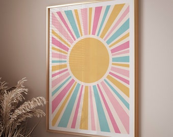 Sun Minimalist Print Boho Nursery Decor, Sun Poster Wall Art Print, Sun Nursery Wall Decor, Pastel Color Kids Art Instant Download Print