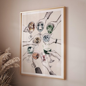 Décoration d'art de chariot de bar, impression d'alcool rétro, impression d'art de cocktail d'art de cuisine, impression d'art mural rétro Cheers, impression d'art de bar à la maison de boissons