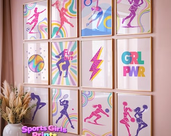 Art mural girly, impressions sportives colorées, art du tennis, art mural football, déco basket, déco sport preppy pour enfants galerie d'art mural 130