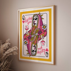 Aesthetic room decor Queen poster, Lucky you print apartment decor, Playing card Queen of Hearts wall art, Pink art maximalist wall decor