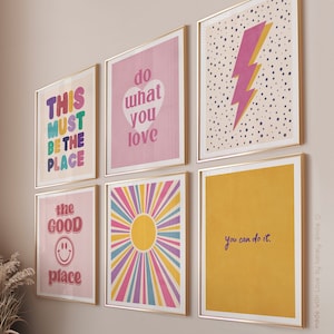 Girly wall art pink yellow print set 6 posters - Preppy Wall Art Prints - Teen girl dorm decor - Aesthetic wall art digital download