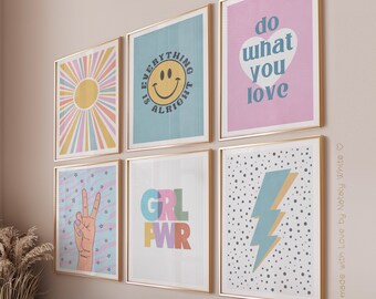 Set Of 6 Minimalist Wall Art Cute Pink Prints, Pale Pink Wall Art Set, Pastel Blue Trendy Wall Art Girly Room Decor, Light Blue Wall Art Set