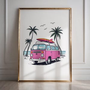Küsten Kunstdruck Wohnung Dekor, Sommer druckbare Wand Kunst Hippie Bus Druck, Bleistiftzeichnung Seelandschaft Kunstwerk, Sommerzeit Surf Print Poster