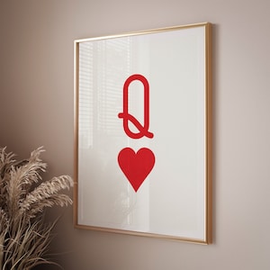 Impressão minimalista da Rainha Vermelha, impressão para download de decoração de casa moderna, arte de parede moderna, cartas de baralho da Rainha Vermelha, pôster minimalista de arte de parede engraçada