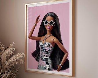 Jolie affiche disco murale rose, décoration de chambre esthétique, art mural d'appartement, impression de chambre de dortoir de poupée de mode afro-américaine, décoration de chambre pour adolescents