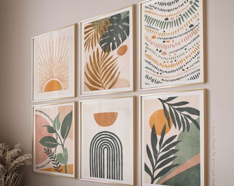 Apartment decor boho gallery wall art set of 6 downloadable prints, Tropical plants printable wall art, Aesthetic decor boho wall art prints