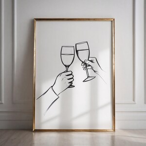 Cheers Poster Bleistift Skizze, Küche Wand Kunst minimalistisches Dekor, Wein Bleistift Zeichnung Kunst Digitaldruck, Alkohol Wand Kunst moderner Druck