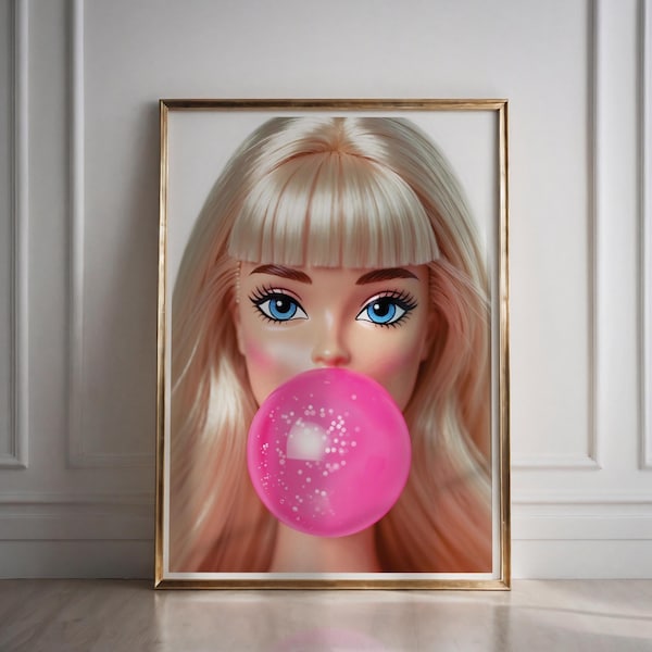 Muñeca de moda con chicle rosa, decoración de pared para habitación de niña, arte digital, descarga de impresión artística rosa, descarga de arte de pared de moda