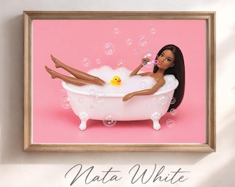 Art mural drôle de salle de bain, impression de poupée mode afro-américaine, art mural girly funky, art mural horizontal rose, art drôle de salle de bain imprimable
