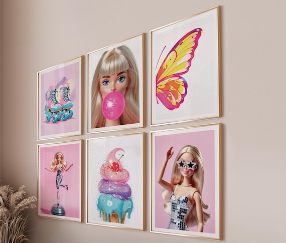 Trendy preppy wall art set of 6 prints, Pink art Fashion dolls printable teen room decor digital download, Aesthetic girly wall art download