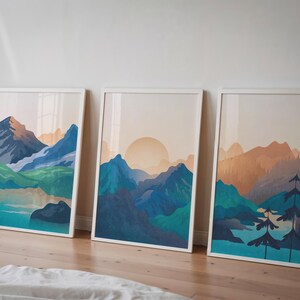 3-teiliges Wandkunst-Set mit drei Drucken, Wohnzimmer-Wandkunst-Set mit 3 Drucken, marineblaue Wandkunst druckt digitaler Download moderne Landschaftskunst Bild 7