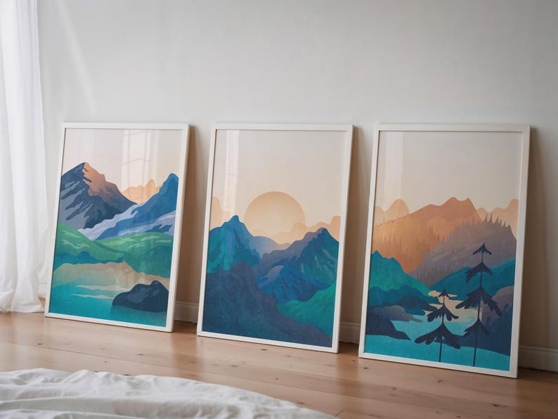 3-teiliges Wandkunst-Set mit drei Drucken, Wohnzimmer-Wandkunst-Set mit 3 Drucken, marineblaue Wandkunst druckt digitaler Download moderne Landschaftskunst Bild 7