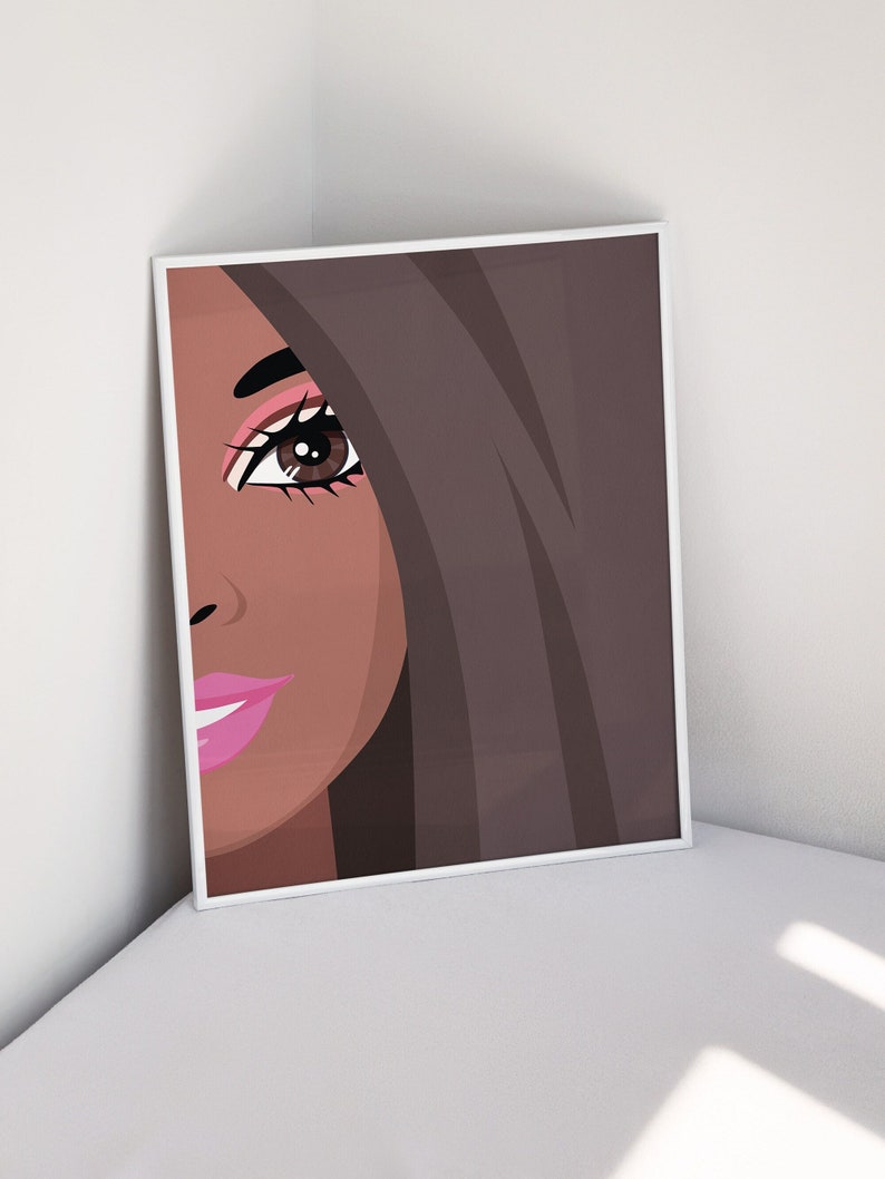 Puede incluir: Una ilustraci&oacute;n digital de la cara de una mujer con cabello casta&ntilde;o, ojos marrones y labios rosados. La mujer est&aacute; mirando hacia la derecha de la imagen.
