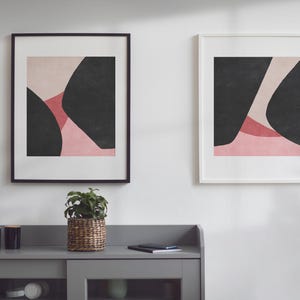 Set of 2 Abstract Pink and Black Prints Room Decor, Abstract Shapes Art ...