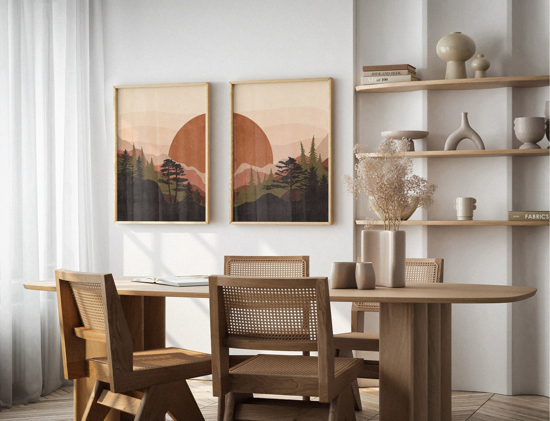 2 Piece Wall Art, Sun and Mountain Print Wall Art Modern Landscape ...