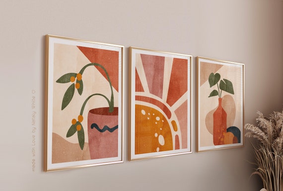 Boho Art Prints Set Of 3 Watercolor Print, Burnt Orange Art Prints Watercolor Wall Prints, Earth Tone Orange Wall Art Set Of Three Prints
